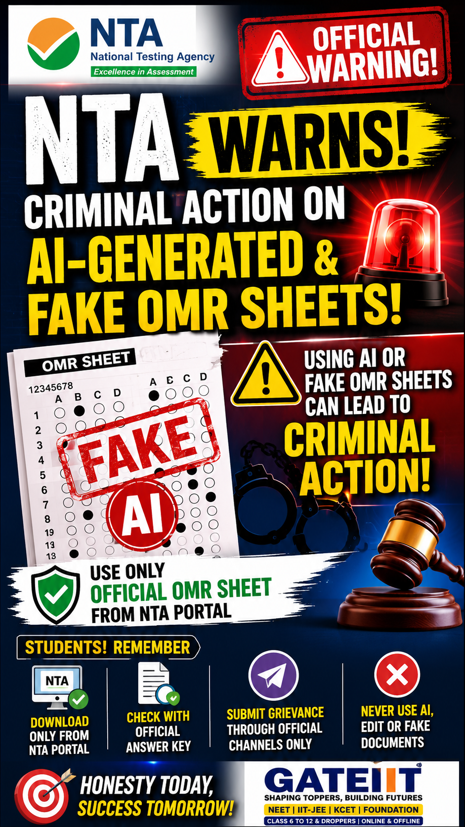 You are currently viewing NTA Warns of Criminal Action Against AI-Generated & Fake OMR Sheets: A Must-Read Alert for Every NEET 2026 & 2027 Aspirant