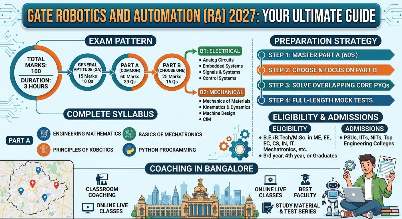 Read more about the article GATE Robotics and Automation (RA) 2027: Complete Self-Preparation Guide, Latest Syllabus, Exam Pattern, Eligibility, Admissions, Career Opportunities and Coaching Classes by GATEIIT Bangalore